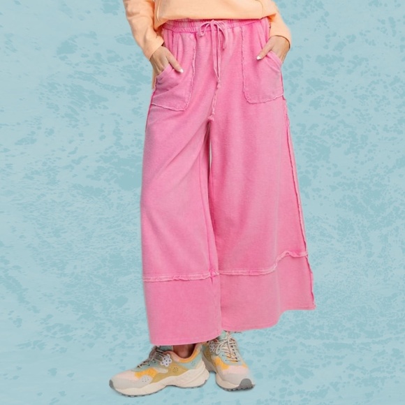 EASEL "Criss Cross" Mineral Washed Distressed Seams Cropped Pants Pockets Cotton - Picture 10 of 13